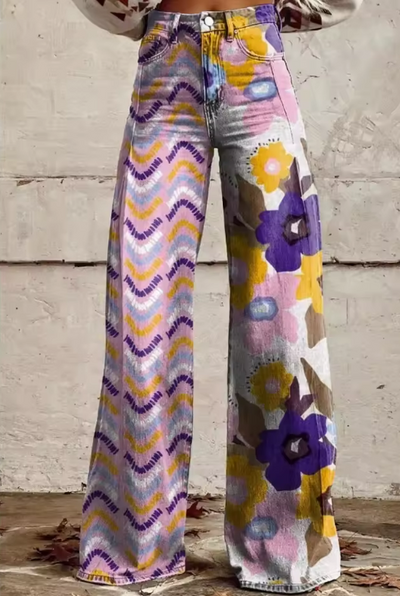 Isadora | Boho-blommiga byxor med hög midja och konstnärlig festivalkomfort